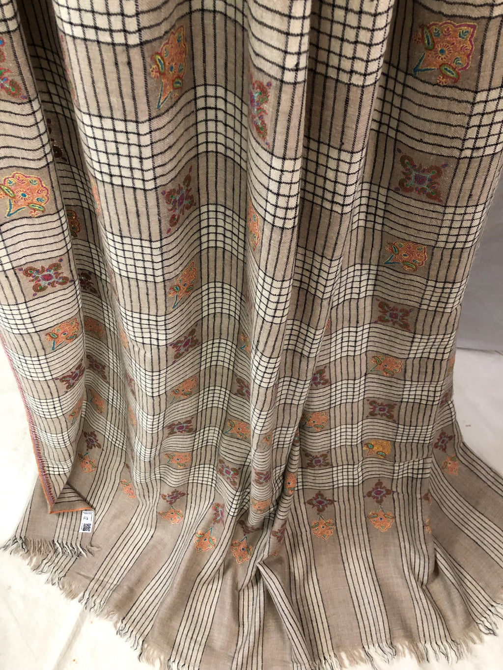 Oversized, Extra Large Natural Royale Kashmir Checkered Embroidered Authentic Cashmere Pashmina Handmade Shawl, Wedding Wrap | 132 X 280 cms