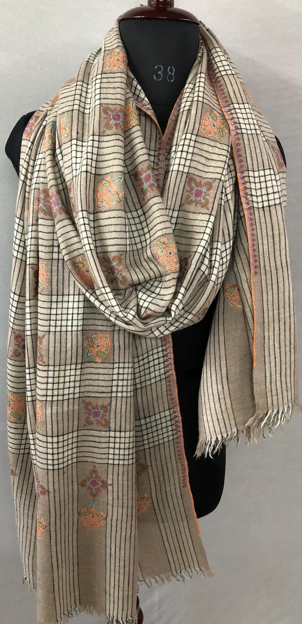 Oversized, Extra Large Natural Royale Kashmir Checkered Embroidered Authentic Cashmere Pashmina Handmade Shawl, Wedding Wrap | 132 X 280 cms