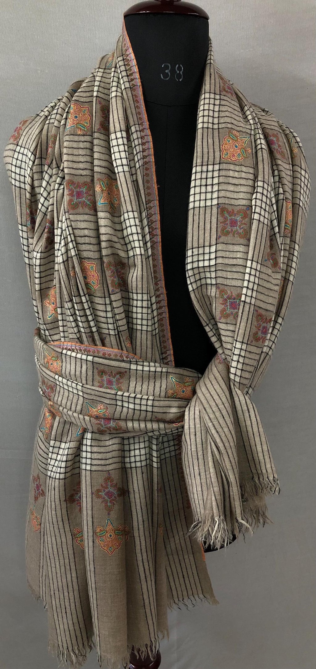 Oversized, Extra Large Natural Royale Kashmir Checkered Embroidered Authentic Cashmere Pashmina Handmade Shawl, Wedding Wrap | 132 X 280 cms