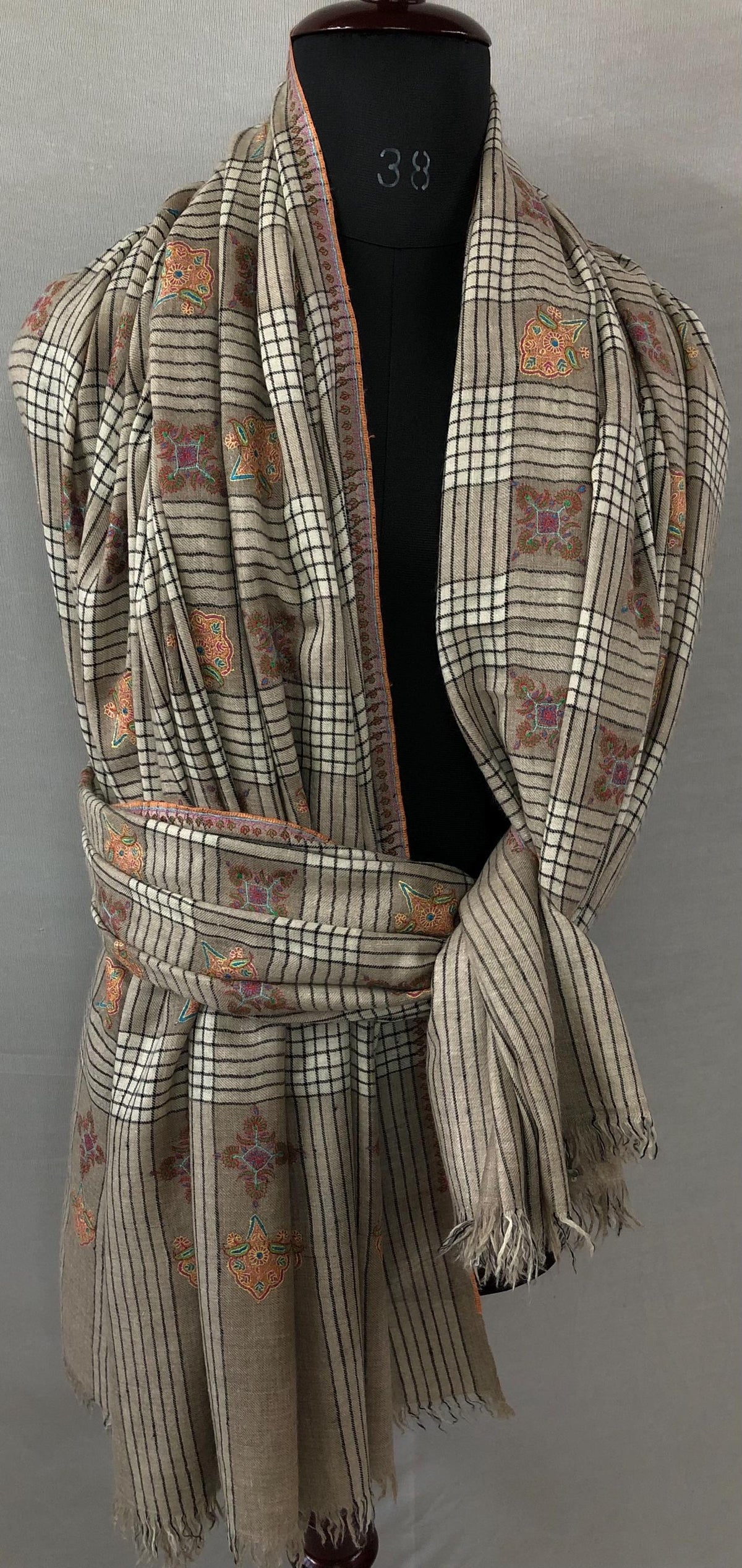 Oversized, Extra Large Natural Royale Kashmir Checkered Embroidered Authentic Cashmere Pashmina Handmade Shawl, Wedding Wrap | 132 X 280 cms