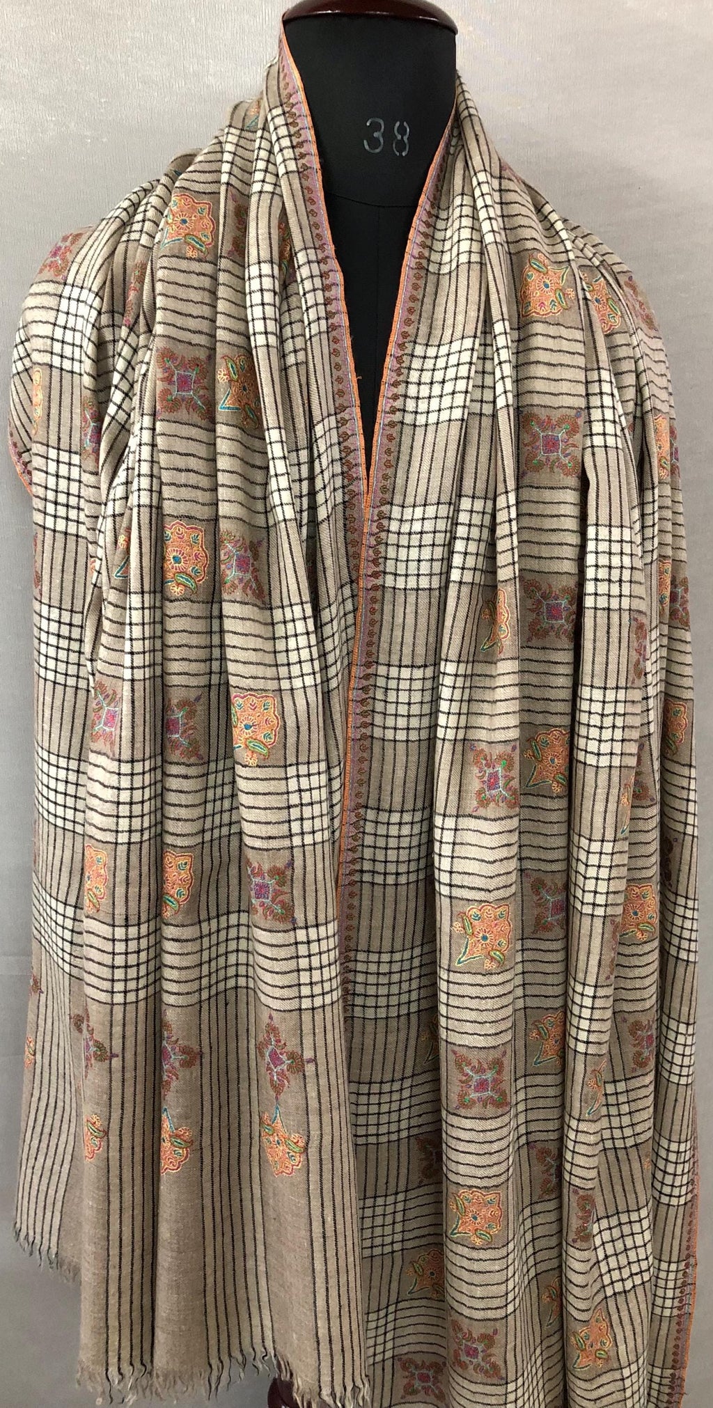 Oversized, Extra Large Natural Royale Kashmir Checkered Embroidered Authentic Cashmere Pashmina Handmade Shawl, Wedding Wrap | 132 X 280 cms