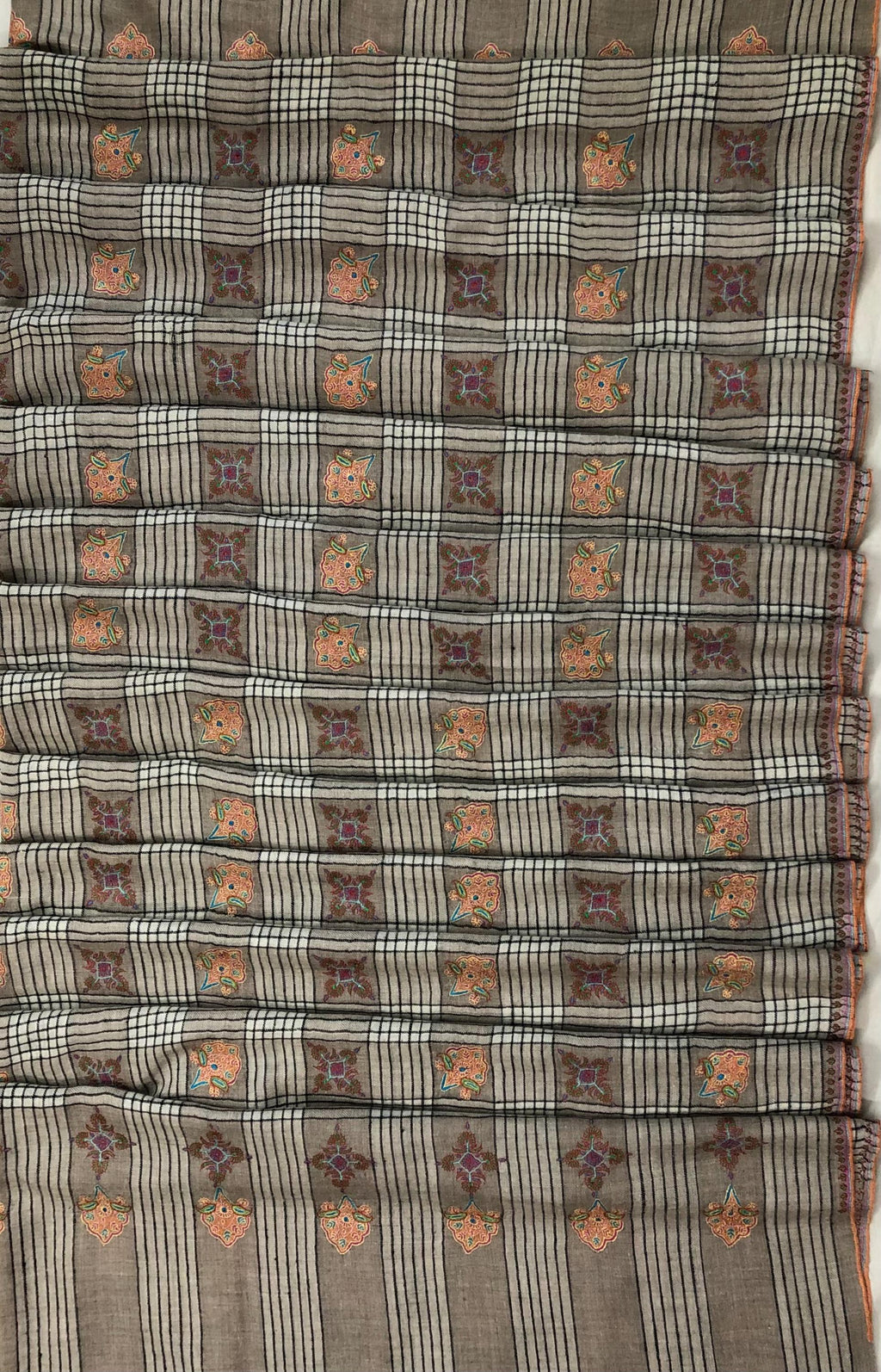 Oversized, Extra Large Natural Royale Kashmir Checkered Embroidered Authentic Cashmere Pashmina Handmade Shawl, Wedding Wrap | 132 X 280 cms