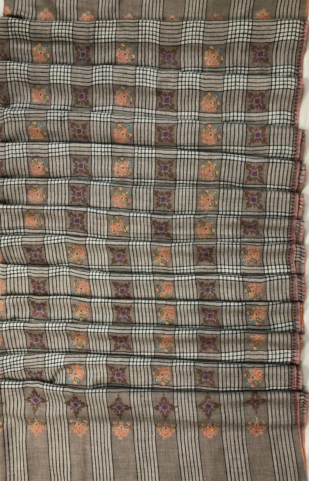 Oversized, Extra Large Natural Royale Kashmir Checkered Embroidered Authentic Cashmere Pashmina Handmade Shawl, Wedding Wrap | 132 X 280 cms