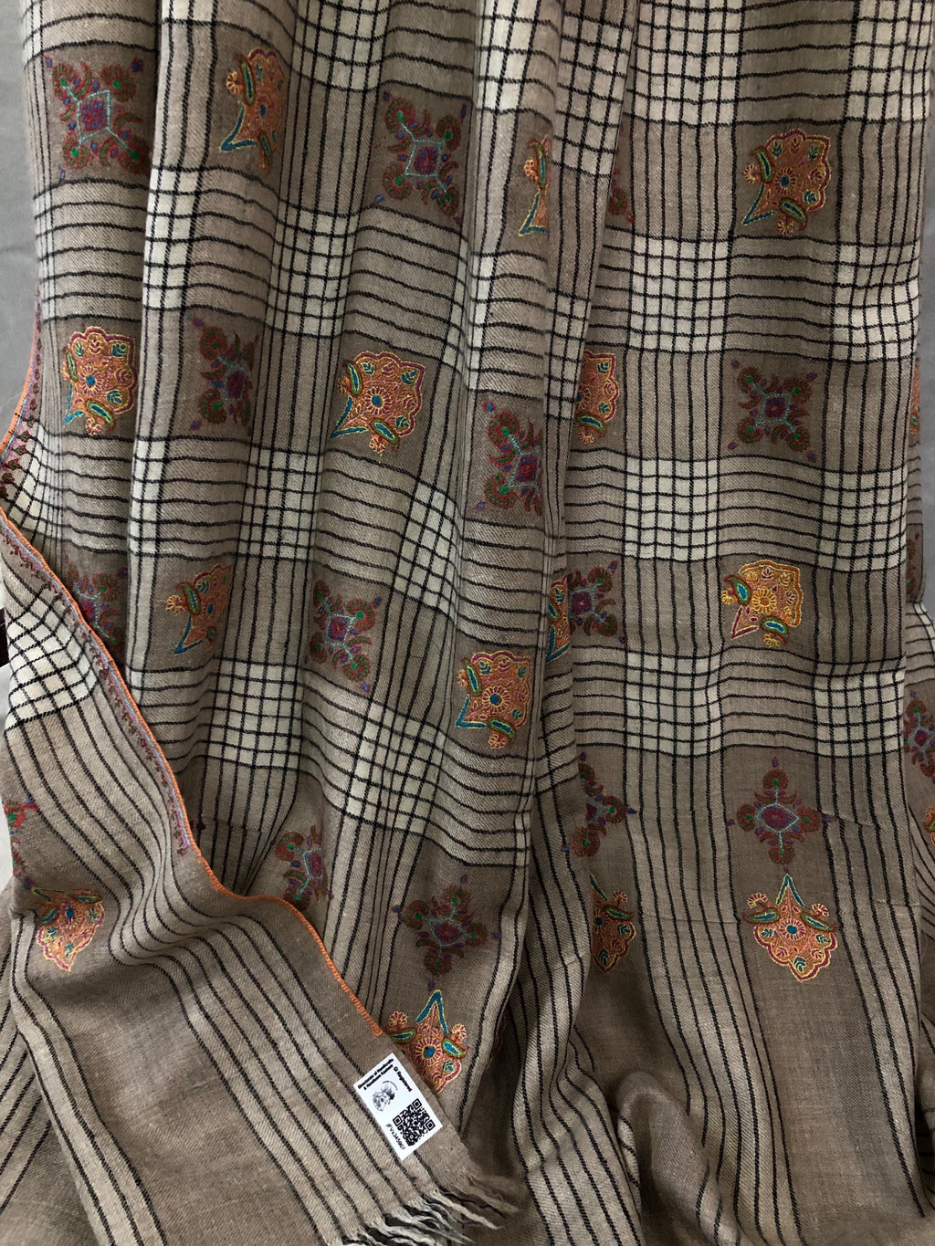 Oversized, Extra Large Natural Royale Kashmir Checkered Embroidered Authentic Cashmere Pashmina Handmade Shawl, Wedding Wrap | 132 X 280 cms