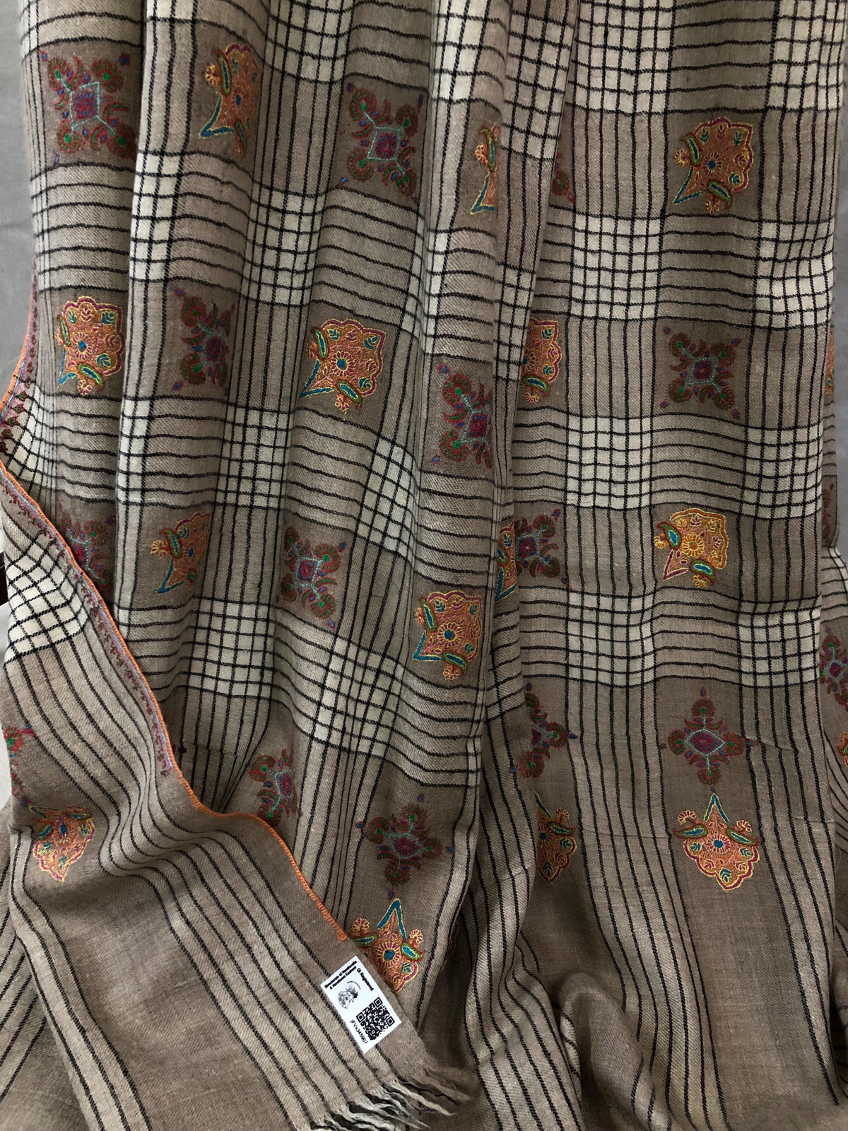 Oversized, Extra Large Natural Royale Kashmir Checkered Embroidered Authentic Cashmere Pashmina Handmade Shawl, Wedding Wrap | 132 X 280 cms