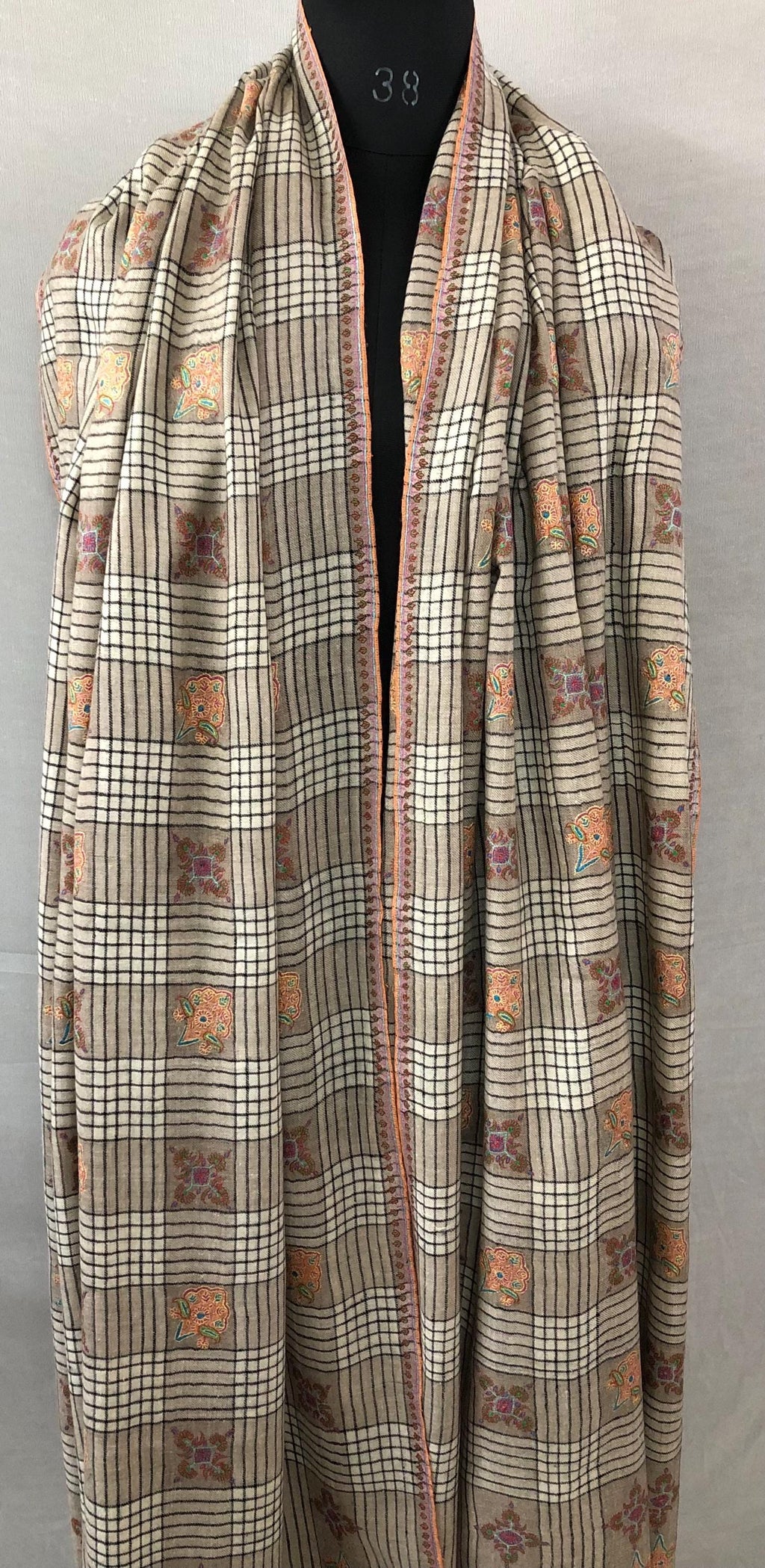 Oversized, Extra Large Natural Royale Kashmir Checkered Embroidered Authentic Cashmere Pashmina Handmade Shawl, Wedding Wrap | 132 X 280 cms