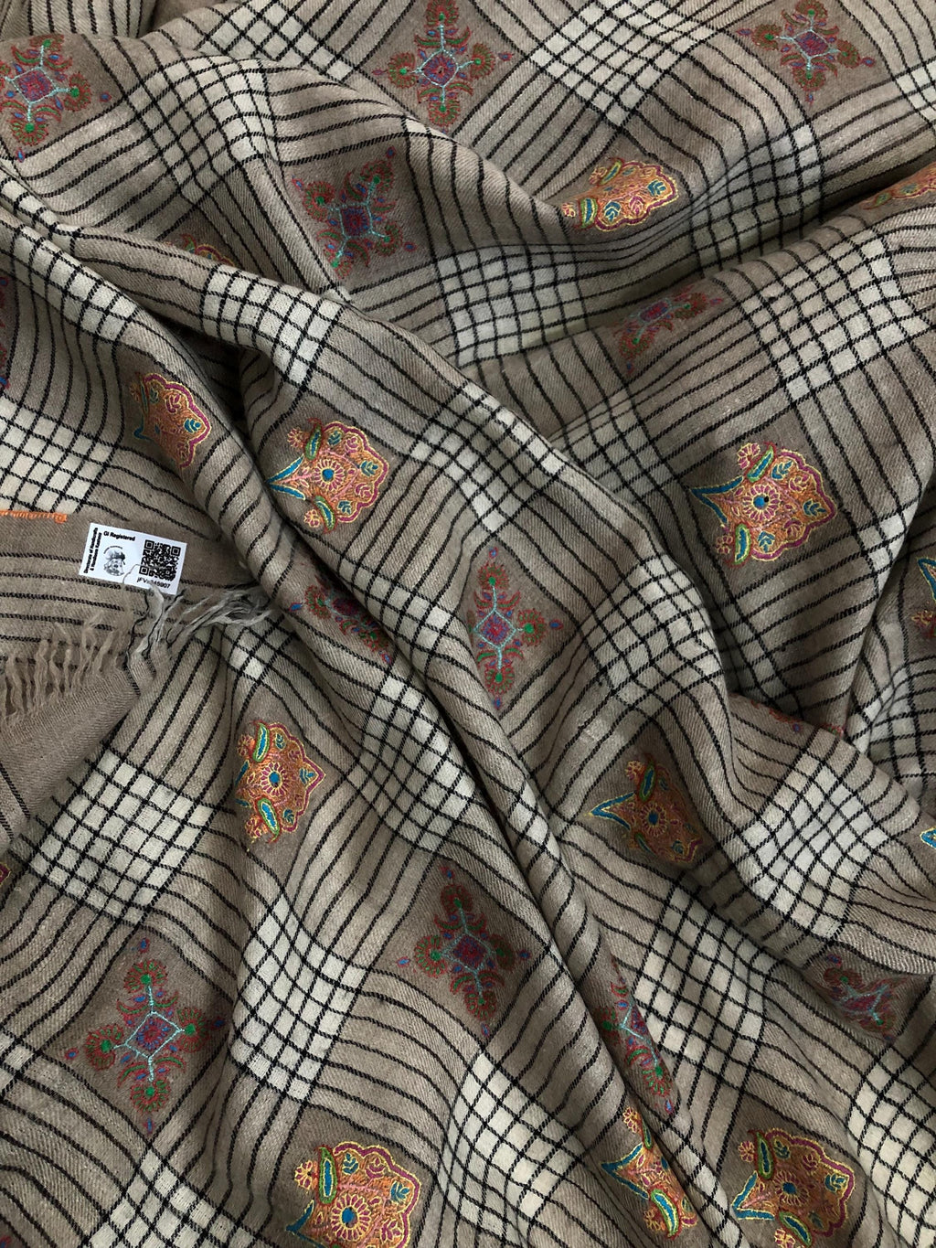 Oversized, Extra Large Natural Royale Kashmir Checkered Embroidered Authentic Cashmere Pashmina Handmade Shawl, Wedding Wrap | 132 X 280 cms