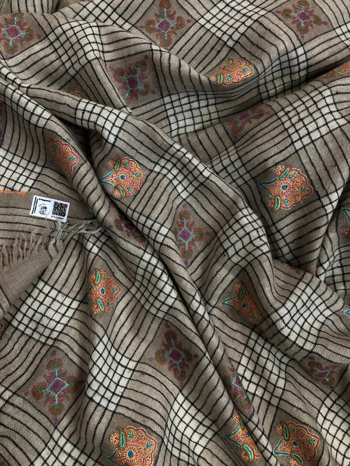 Oversized, Extra Large Natural Royale Kashmir Checkered Embroidered Authentic Cashmere Pashmina Handmade Shawl, Wedding Wrap | 132 X 280 cms
