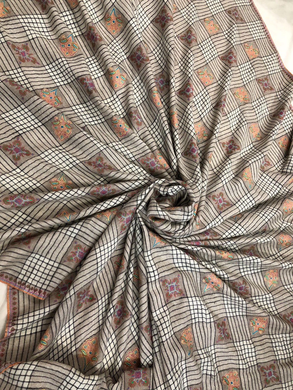 Oversized, Extra Large Natural Royale Kashmir Checkered Embroidered Authentic Cashmere Pashmina Handmade Shawl, Wedding Wrap | 132 X 280 cms