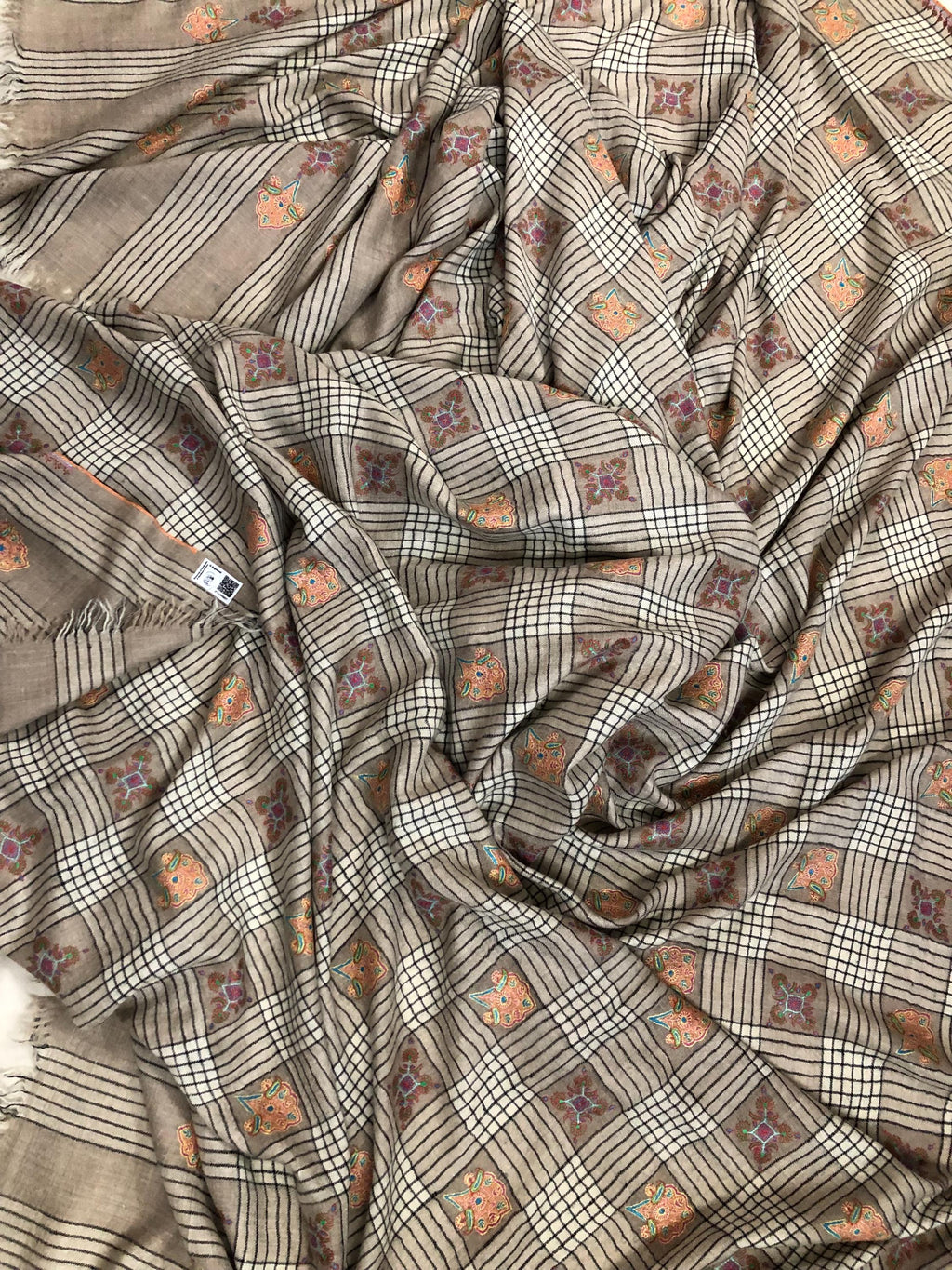Oversized, Extra Large Natural Royale Kashmir Checkered Embroidered Authentic Cashmere Pashmina Handmade Shawl, Wedding Wrap | 132 X 280 cms