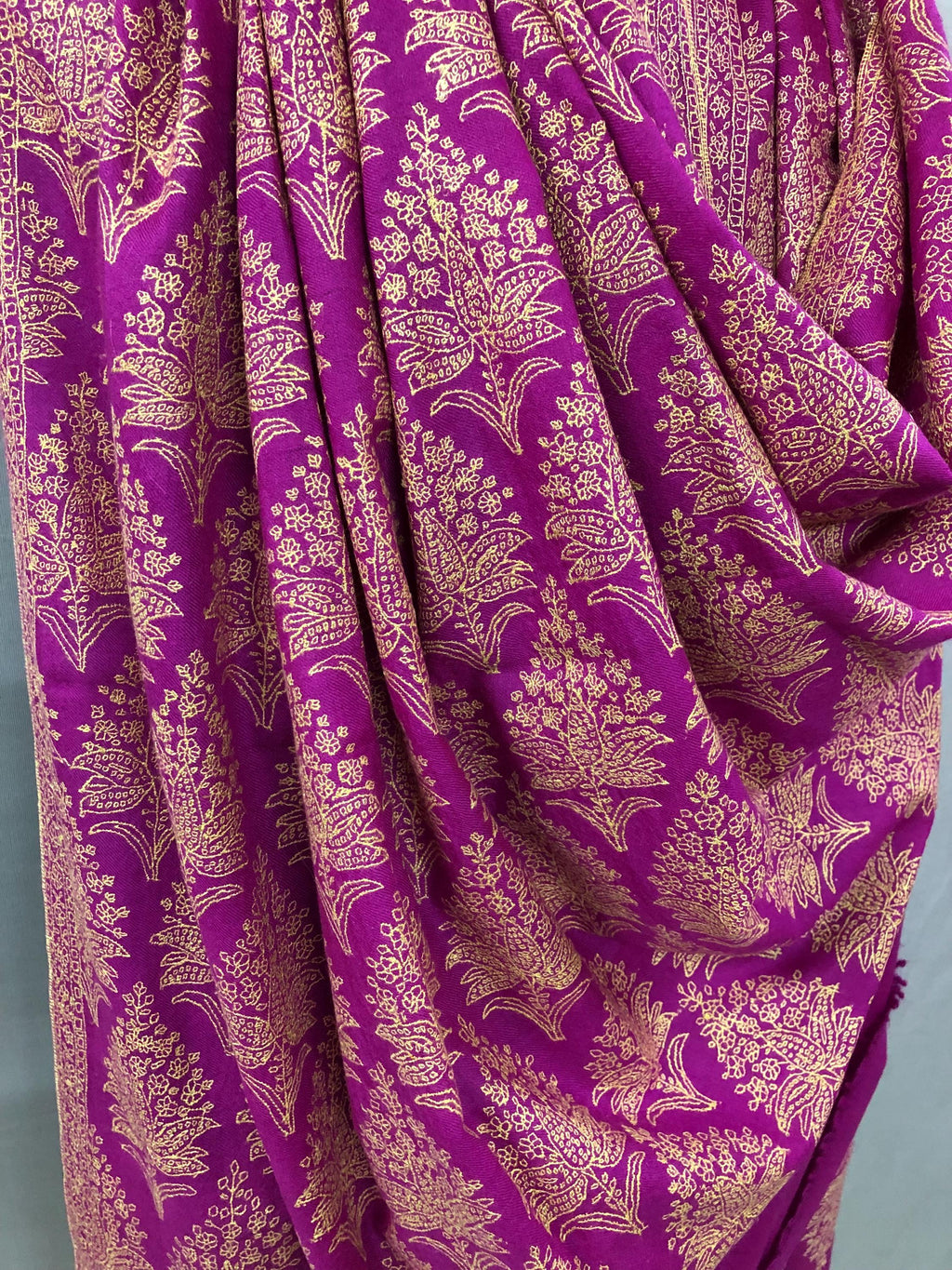 Hot Pink GI Sozani Large Bootidar Jamawar Embroidered Authentic Cashmere Pashmina Handmade Shawl, Wedding Wrap | 115 X 230 cms