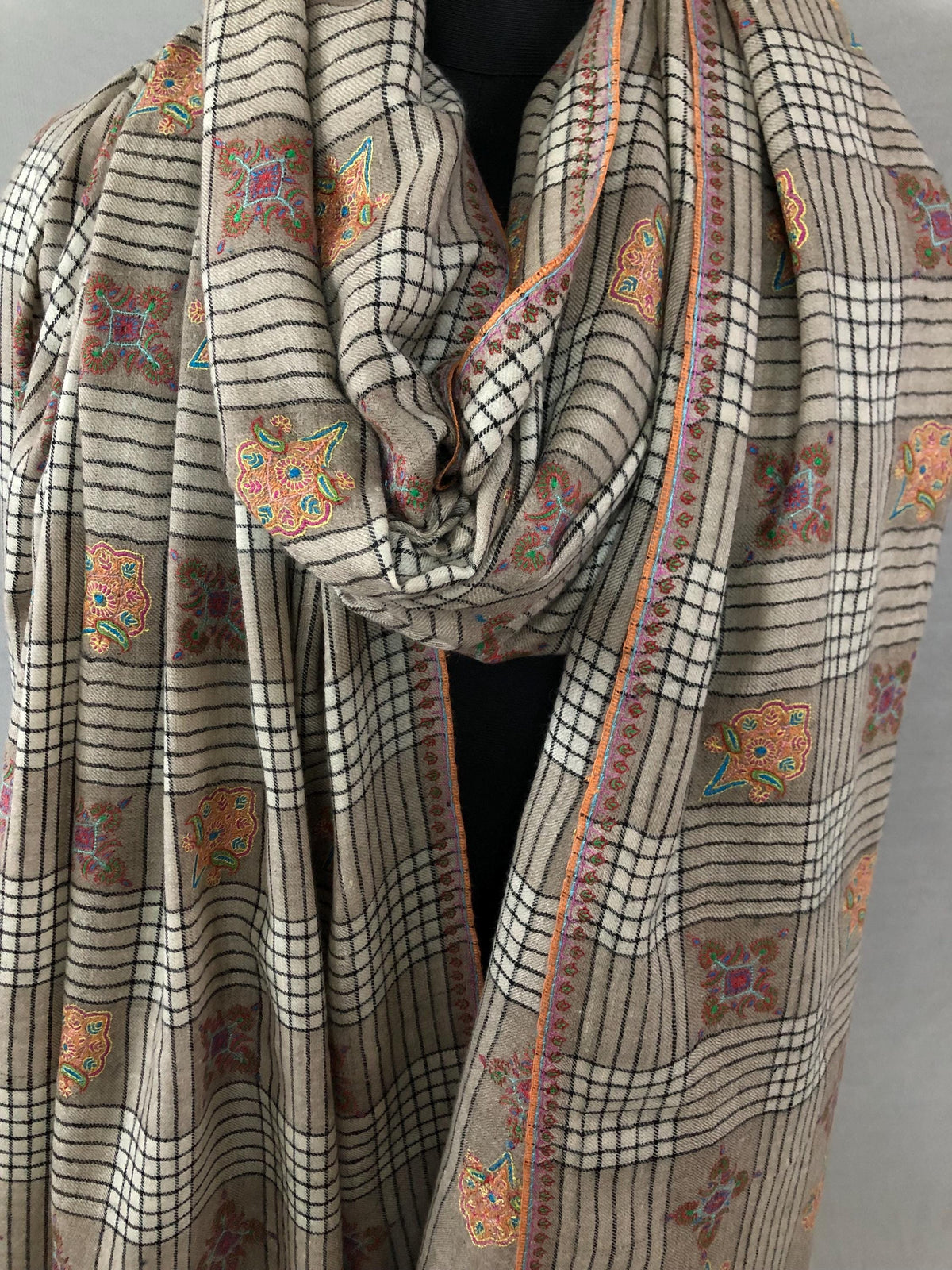 Oversized, Extra Large Natural Royale Kashmir Checkered Embroidered Authentic Cashmere Pashmina Handmade Shawl, Wedding Wrap | 132 X 280 cms