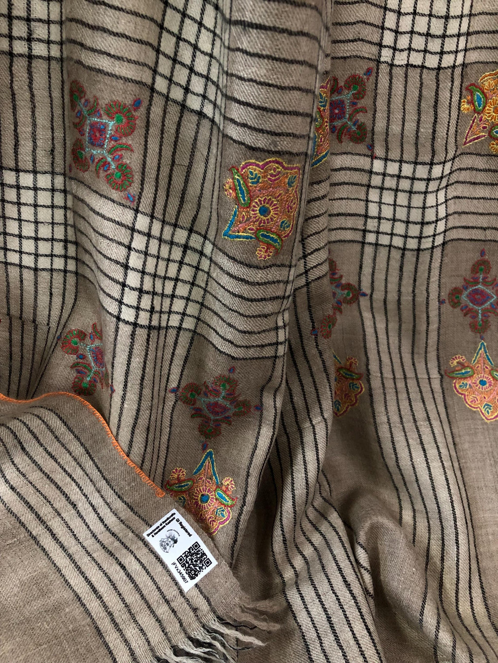Oversized, Extra Large Natural Royale Kashmir Checkered Embroidered Authentic Cashmere Pashmina Handmade Shawl, Wedding Wrap | 132 X 280 cms