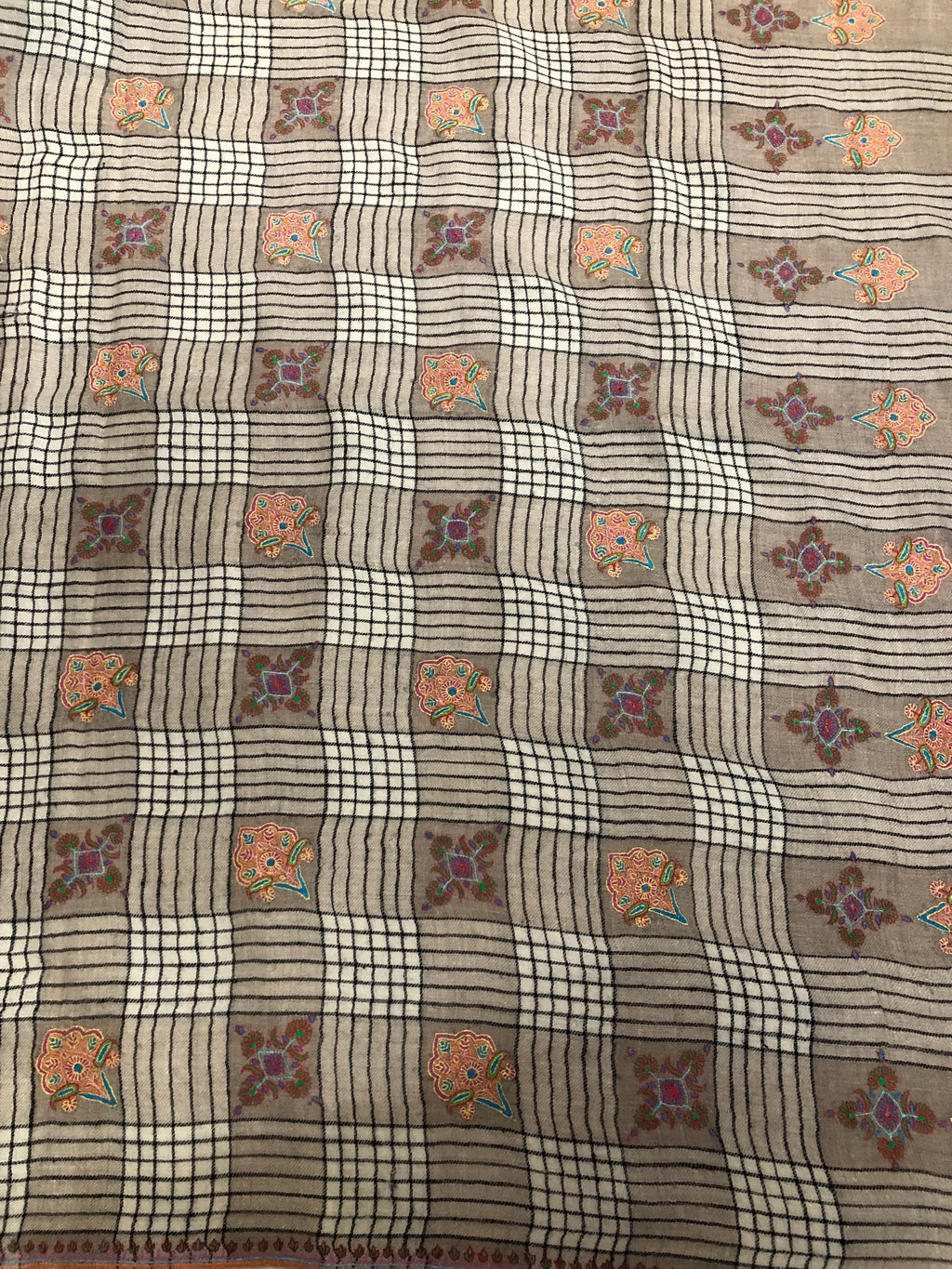 Oversized, Extra Large Natural Royale Kashmir Checkered Embroidered Authentic Cashmere Pashmina Handmade Shawl, Wedding Wrap | 132 X 280 cms