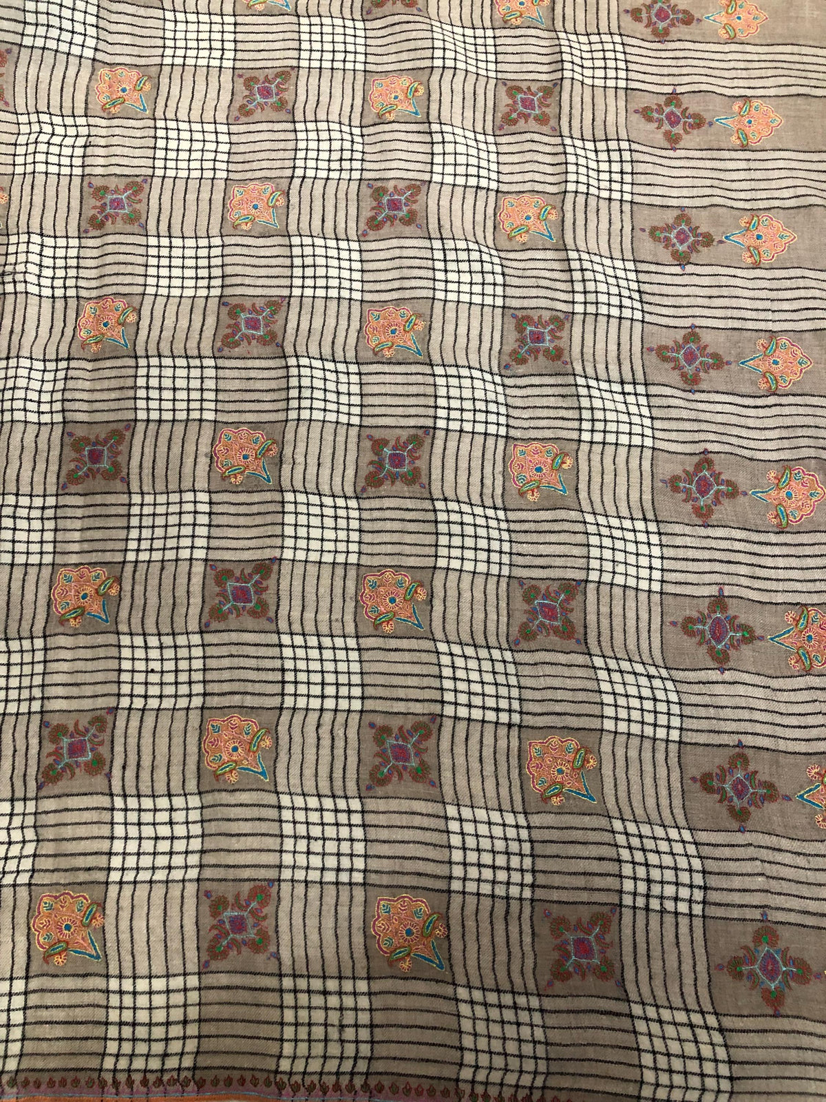 Oversized, Extra Large Natural Royale Kashmir Checkered Embroidered Authentic Cashmere Pashmina Handmade Shawl, Wedding Wrap | 132 X 280 cms