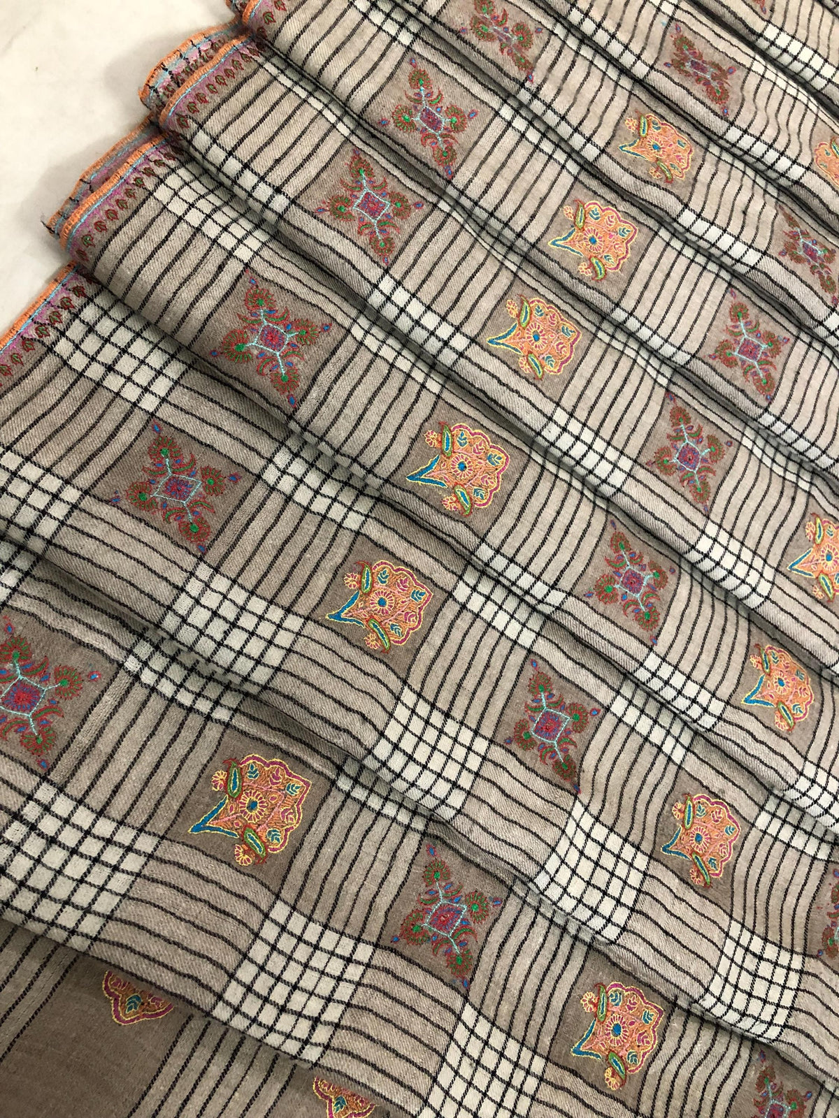 Oversized, Extra Large Natural Royale Kashmir Checkered Embroidered Authentic Cashmere Pashmina Handmade Shawl, Wedding Wrap | 132 X 280 cms