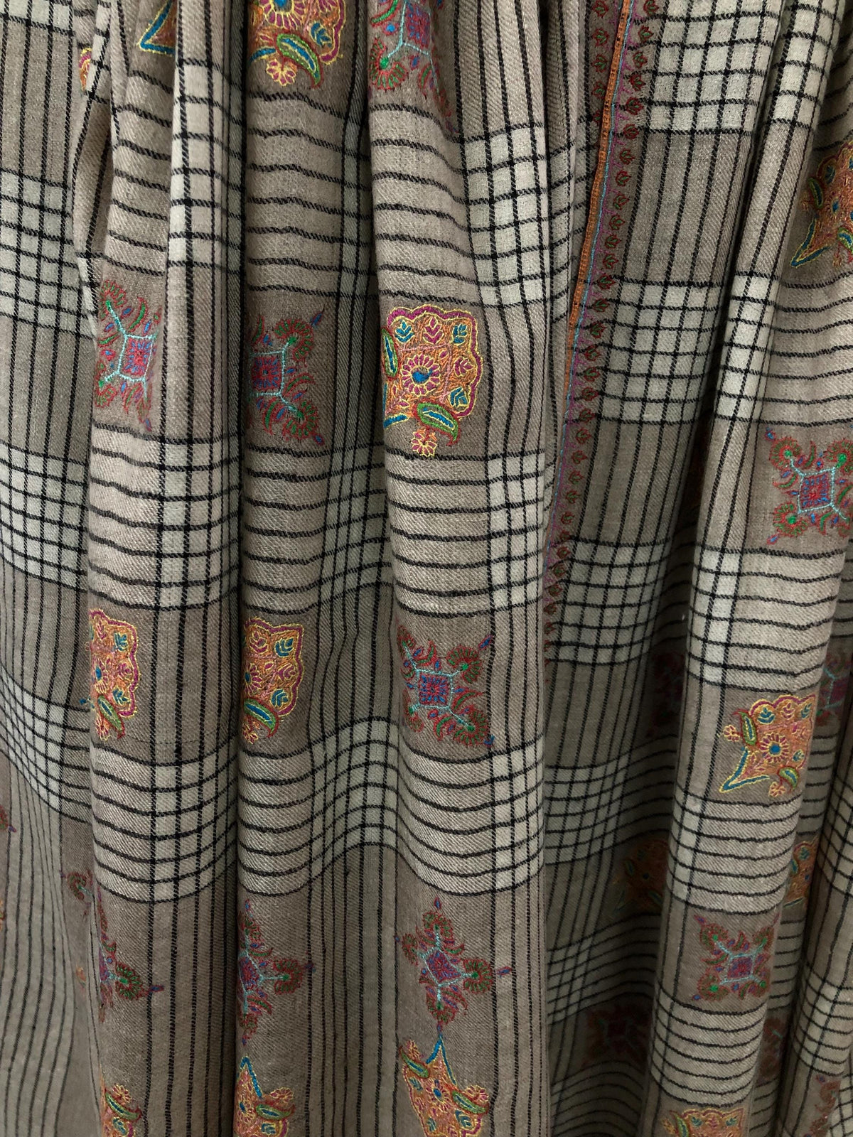 Oversized, Extra Large Natural Royale Kashmir Checkered Embroidered Authentic Cashmere Pashmina Handmade Shawl, Wedding Wrap | 132 X 280 cms