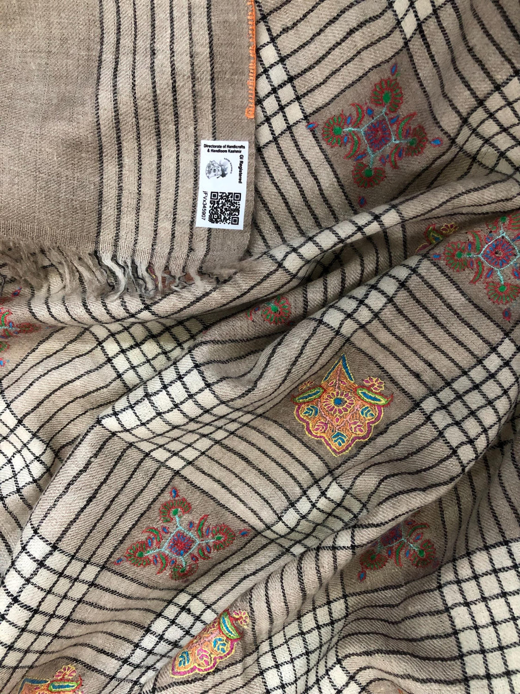 Oversized, Extra Large Natural Royale Kashmir Checkered Embroidered Authentic Cashmere Pashmina Handmade Shawl, Wedding Wrap | 132 X 280 cms