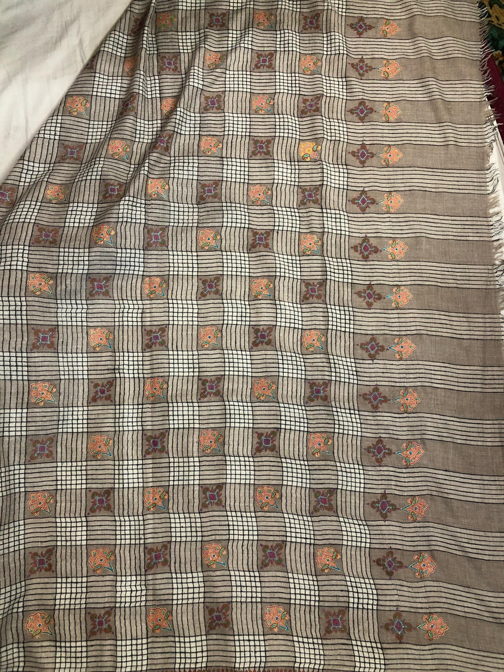 Oversized, Extra Large Natural Royale Kashmir Checkered Embroidered Authentic Cashmere Pashmina Handmade Shawl, Wedding Wrap | 132 X 280 cms