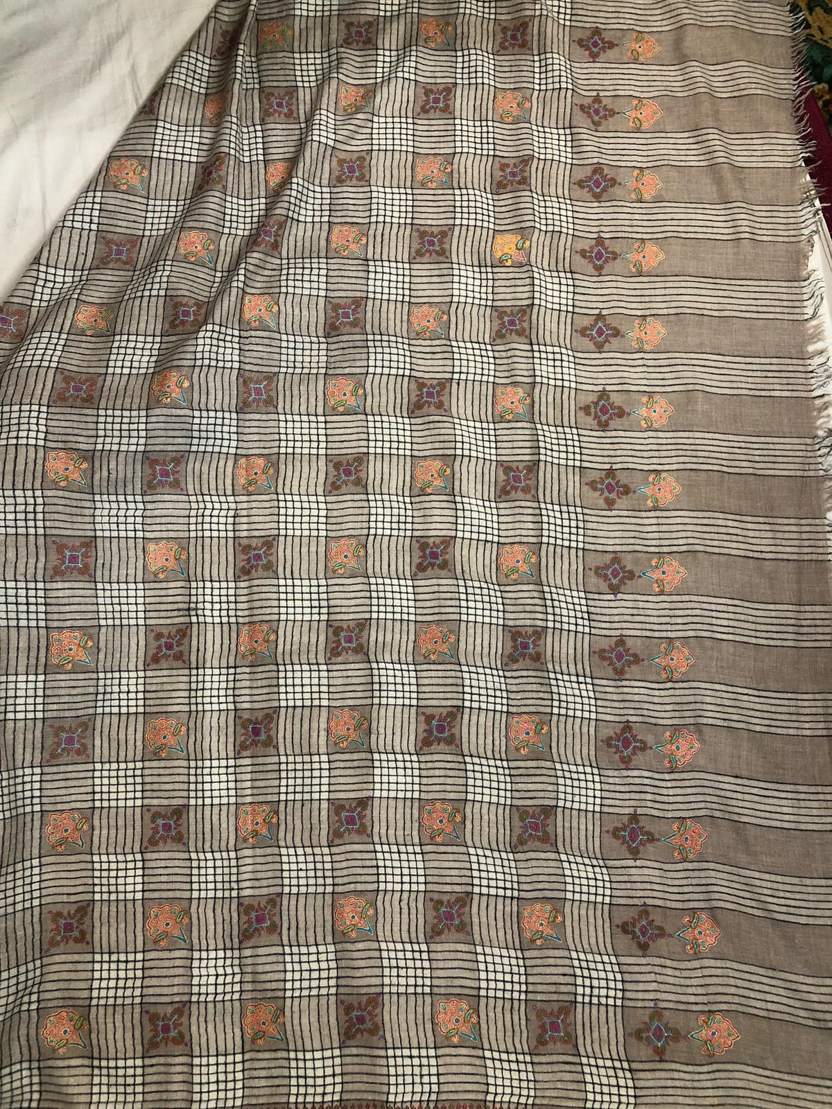 Oversized, Extra Large Natural Royale Kashmir Checkered Embroidered Authentic Cashmere Pashmina Handmade Shawl, Wedding Wrap | 132 X 280 cms