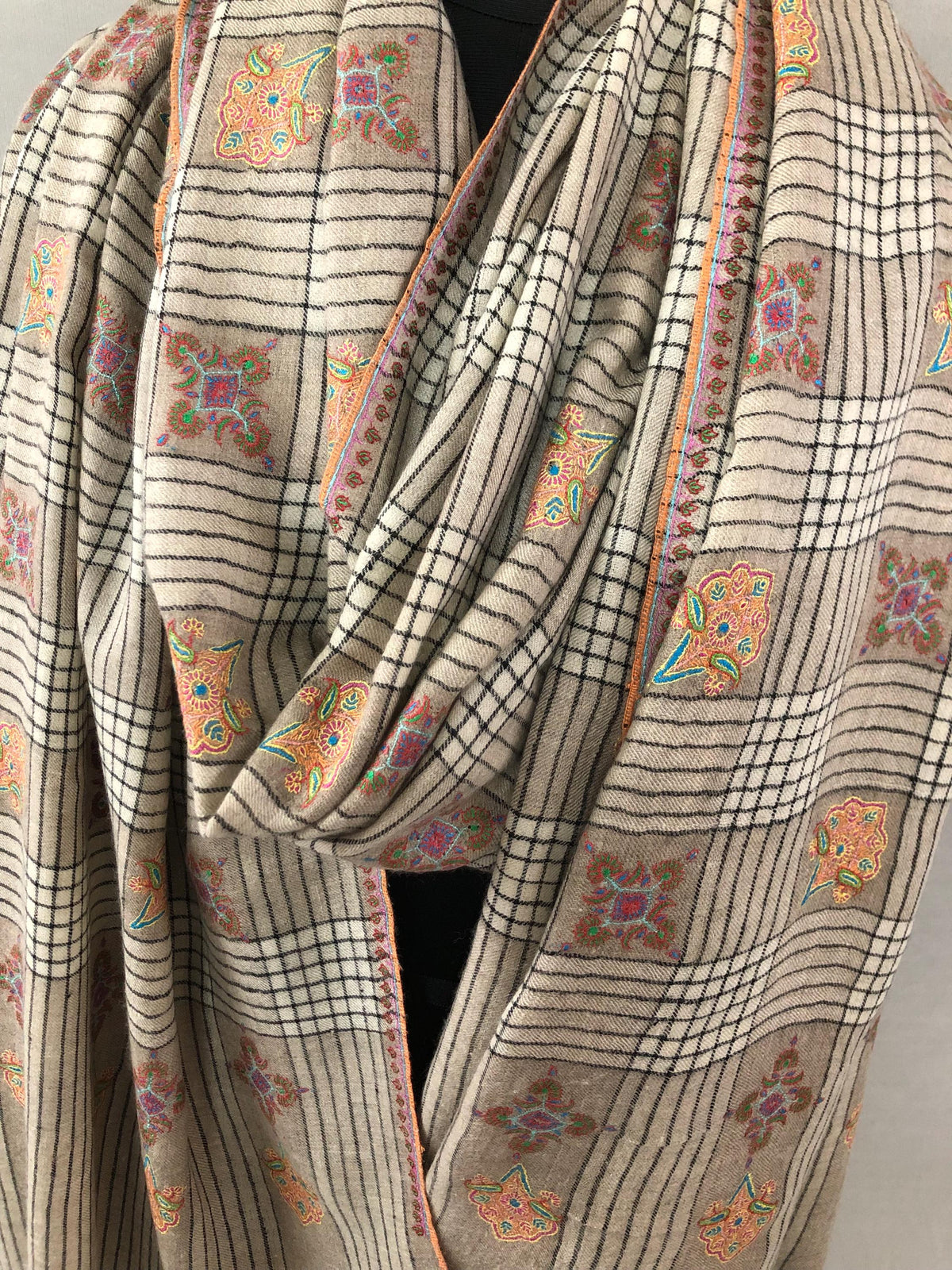 Oversized, Extra Large Natural Royale Kashmir Checkered Embroidered Authentic Cashmere Pashmina Handmade Shawl, Wedding Wrap | 132 X 280 cms