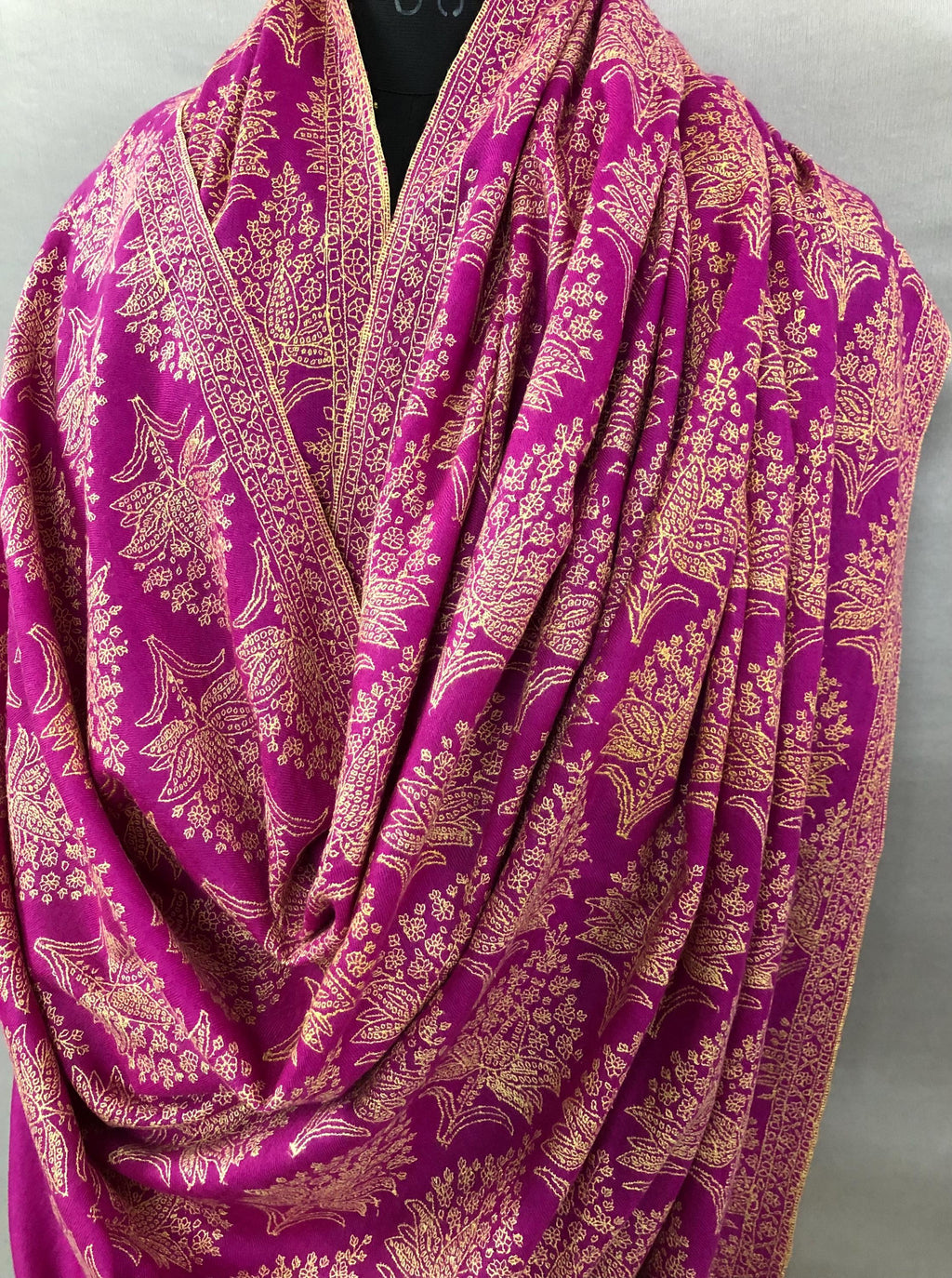 Hot Pink GI Sozani Large Bootidar Jamawar Embroidered Authentic Cashmere Pashmina Handmade Shawl, Wedding Wrap | 115 X 230 cms