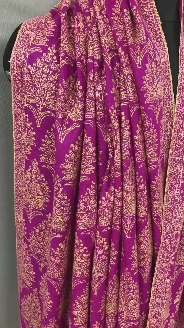 Hot Pink GI Sozani Large  Bootidar Jamawar Embroidered Authentic Cashmere Pashmina Handmade Shawl, Wedding Wrap | 115 X 230 cms