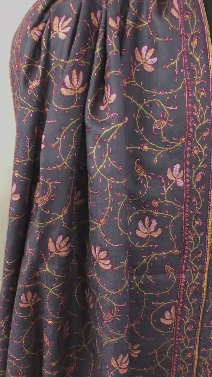 Charcoal Gray Pashmina Scarf: Hand-Embroidered Maple Jaal Design
