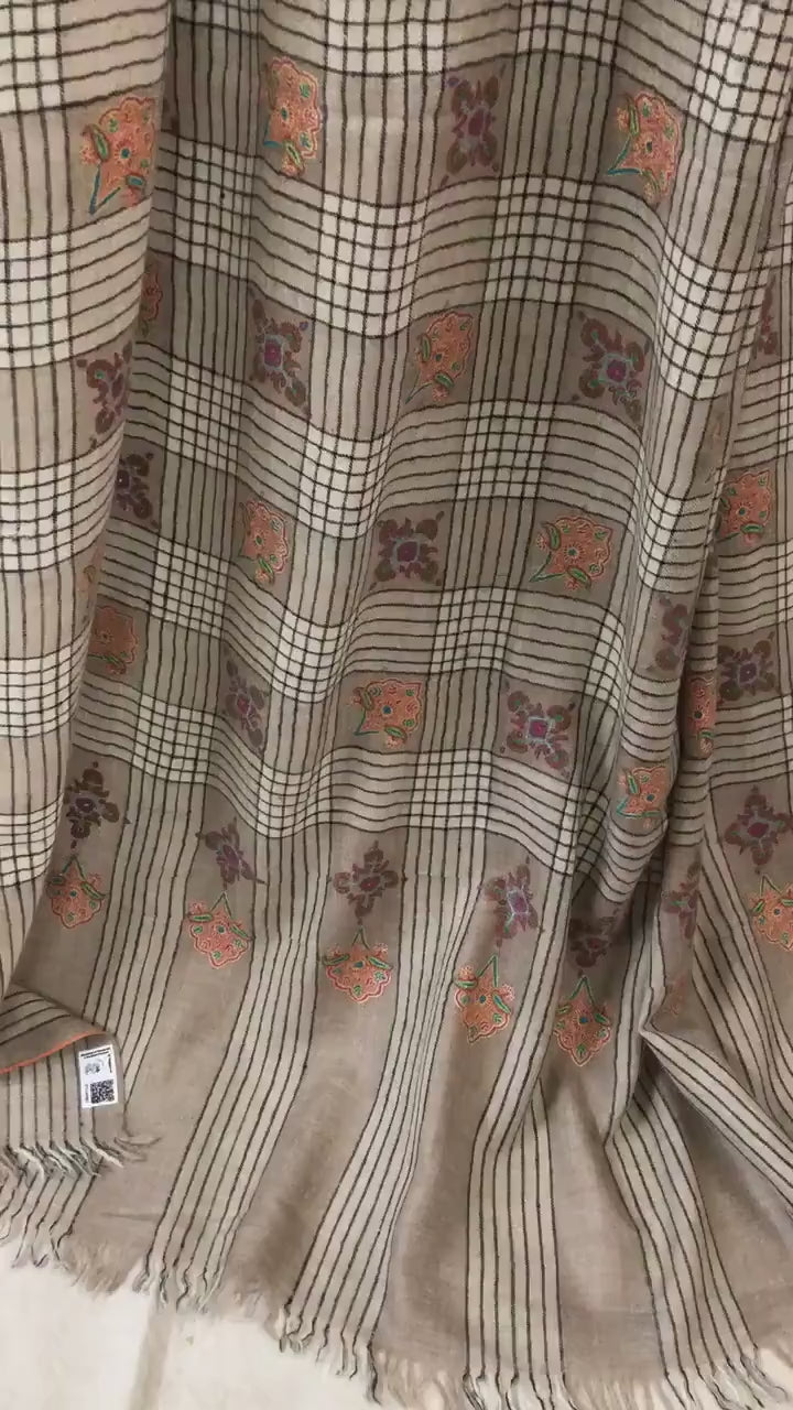 Oversized, Extra Large Natural Royale Kashmir Checkered Embroidered Authentic Cashmere Pashmina Handmade Shawl, Wedding Wrap | 132 X 280 cms