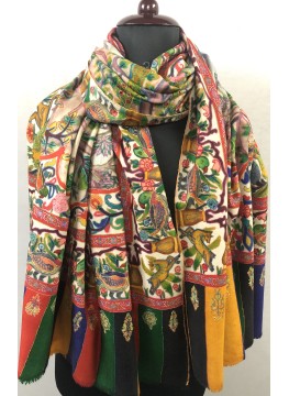 Hunting Kalamkari Hand Painted And Hand Embroidered Cashmere Pashmina Shawl